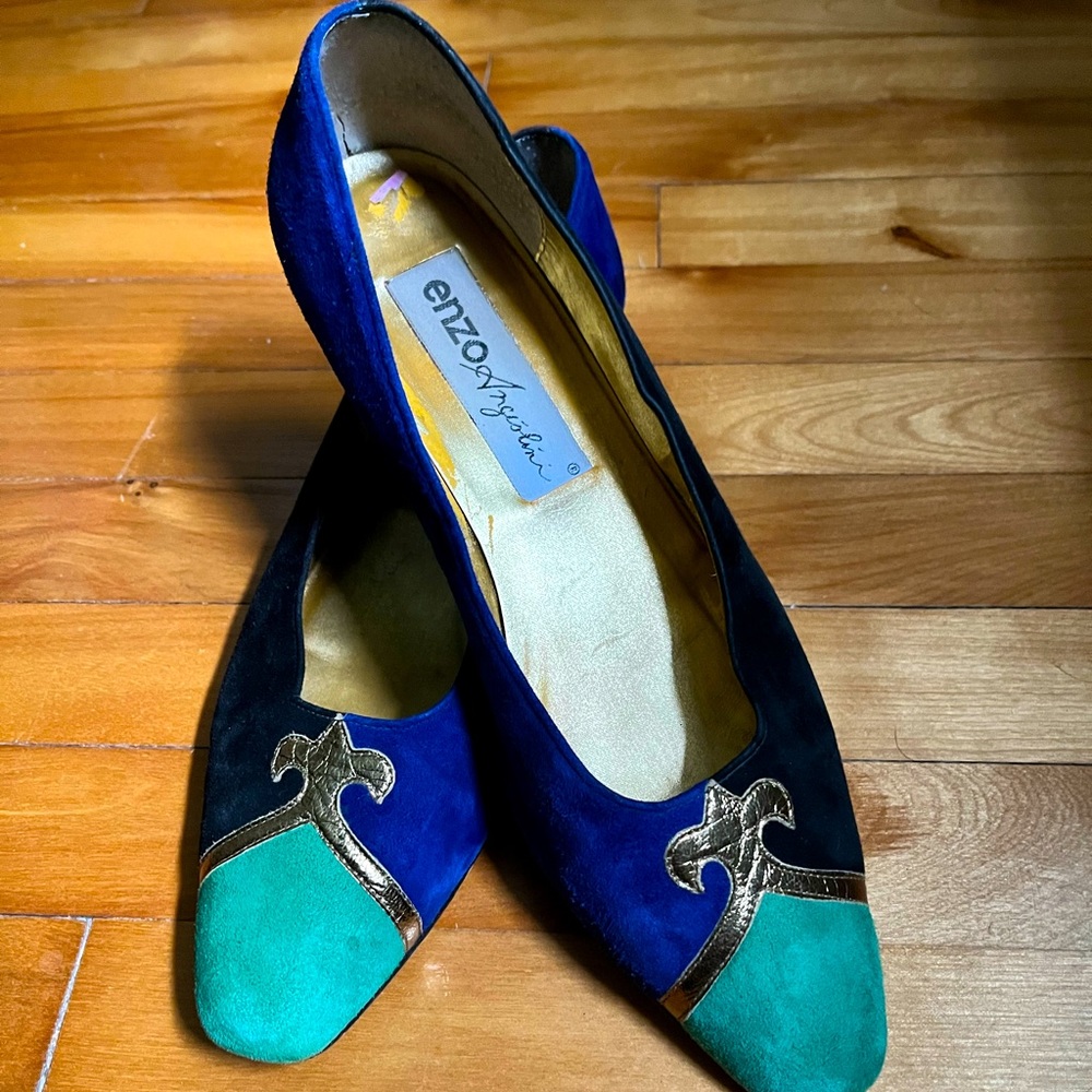 VINTAGE Designer ENZO ANGIOLINI Blue Green Suede Slip On Flats, size 8 1/2